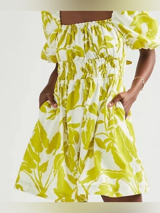 Maeve Dresses & Skirts - Maeve By Anthropologie Puff Sleeve Mini Dress Citron White Floral Size XS Womens